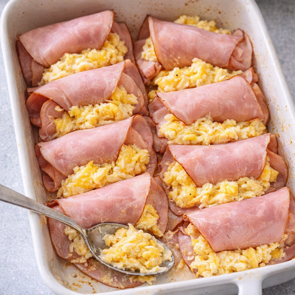 Layered ham in casserole dish with cream and cheese mixture spooned over top