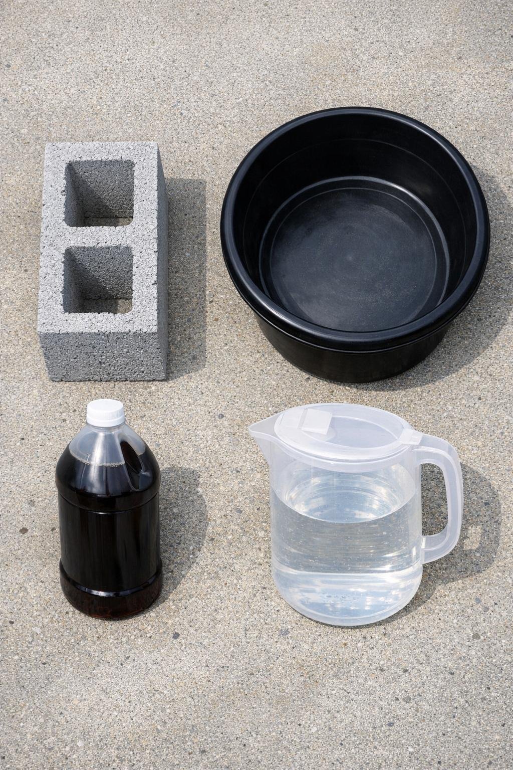Materials for a cinder block garden tool edge sharpener laid out together