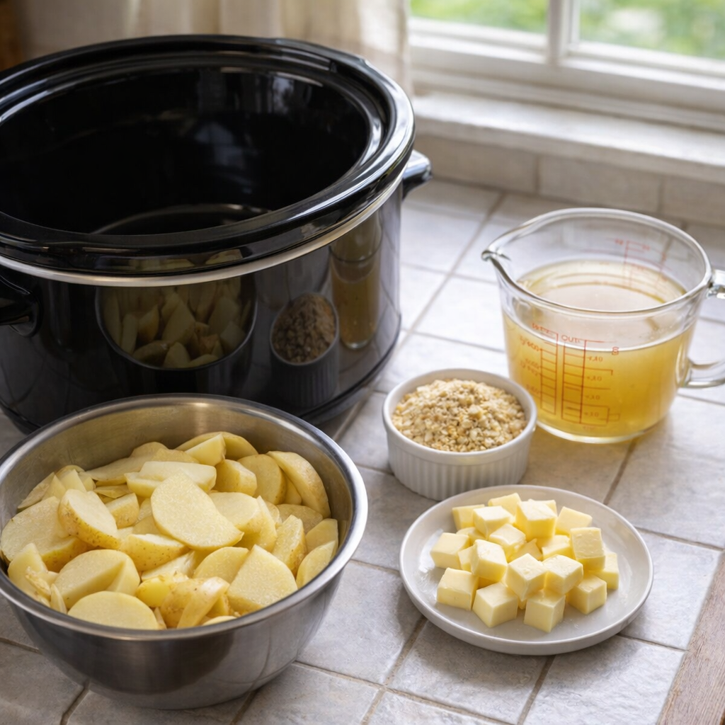 Measured ingredients for onion potatoes beside a slow cooker