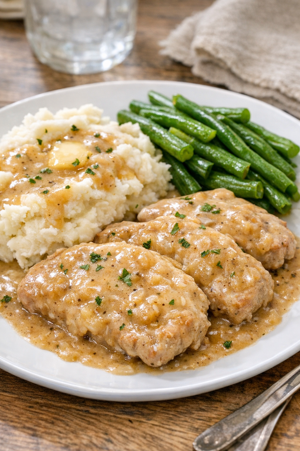 Finished pork cutlets with creamy gravy on a dinner plate