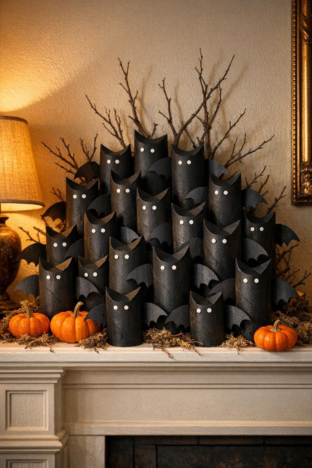 Finished cardboard roll bat colony displayed as Halloween decor