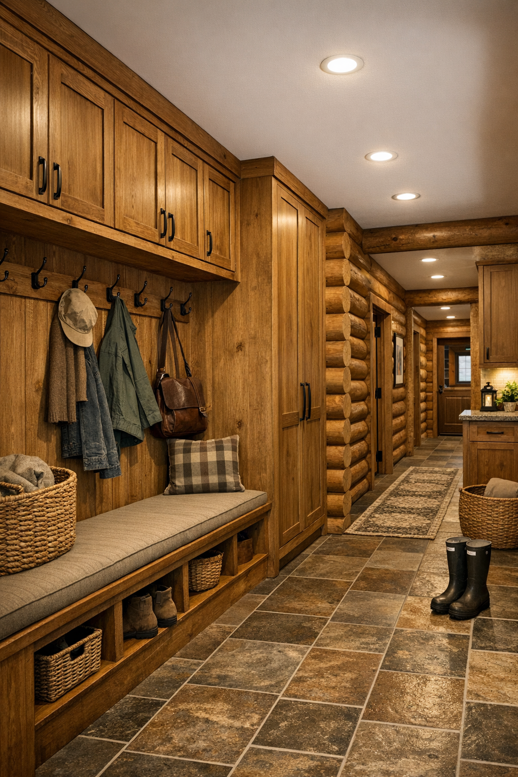 Mudroom and hallway area with built-in storage in a warm log home