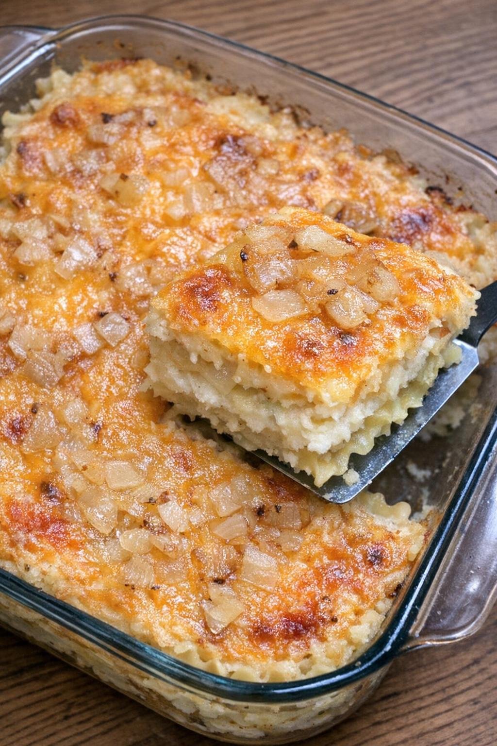 Close up casserole in a glass baking dish with golden cheddar top and visible layers