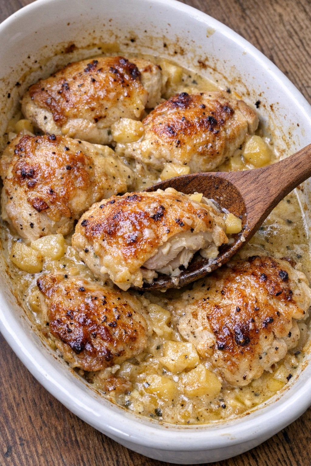 Golden brown chicken Normandy in a white baking dish