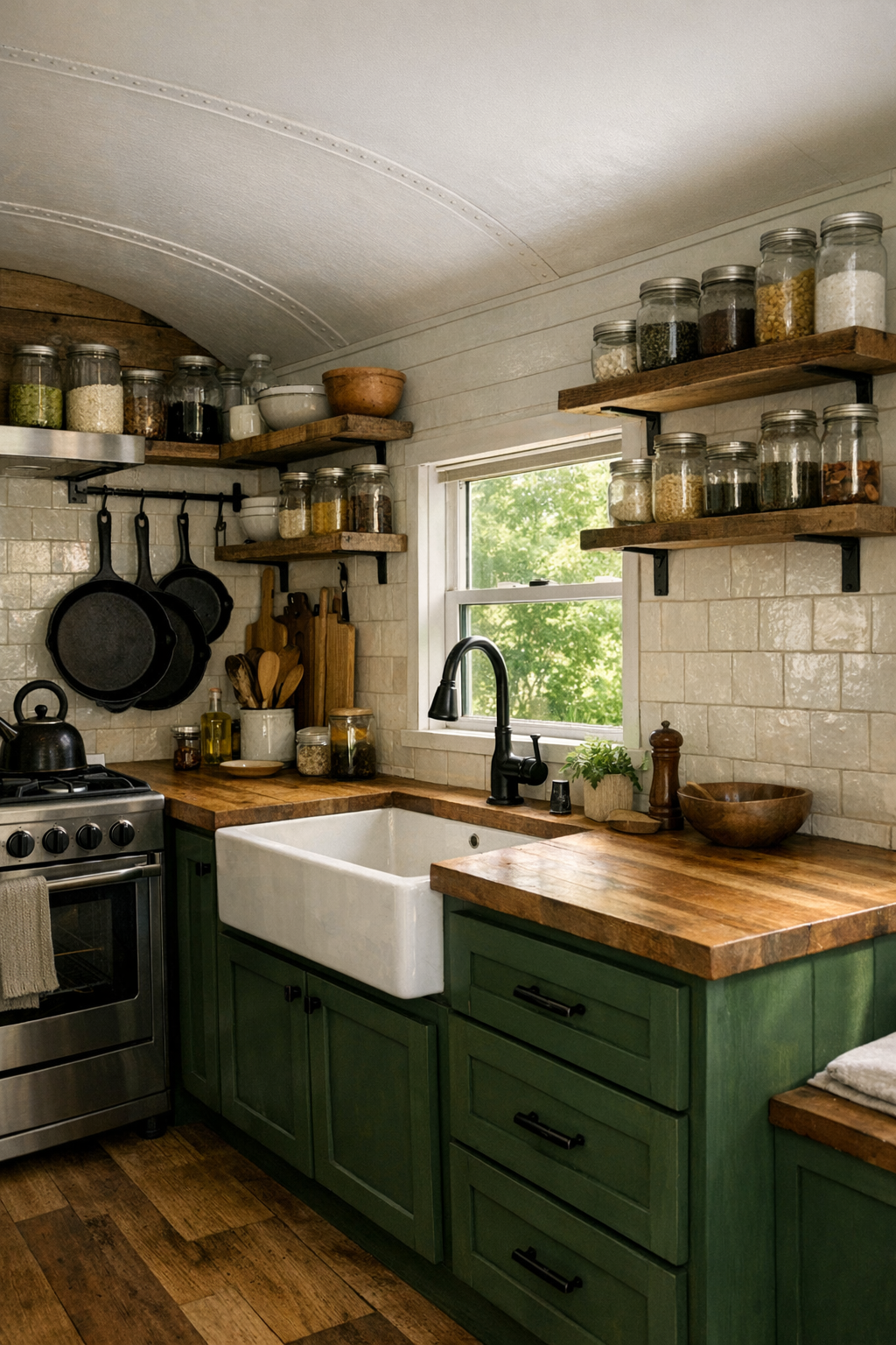 Rustic off-grid bus kitchen with green cabinets and butcher block counters