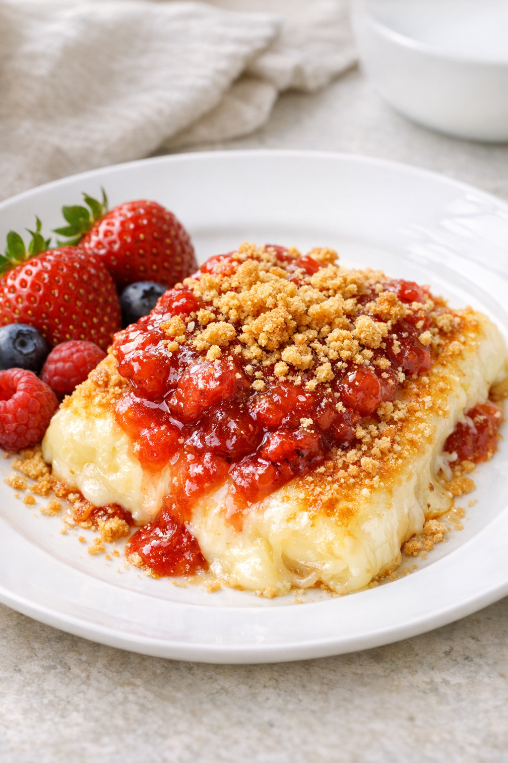 Warm baked sweet mozzarella dessert plated with berries