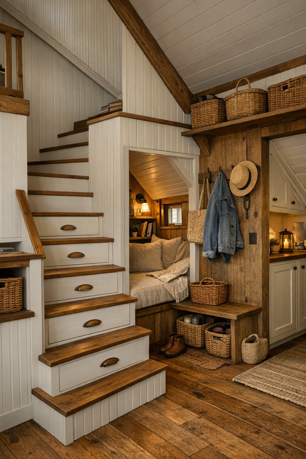 Thoughtful tiny home built-ins with a reading nook, storage stair, and cozy entry details