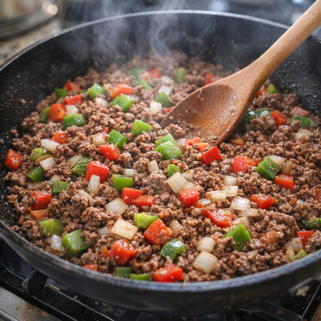 Peppers and onions cooking with browned beef