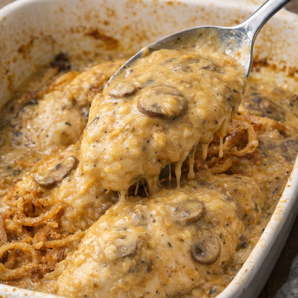 Creamy sauce being spread over chicken in the casserole dish