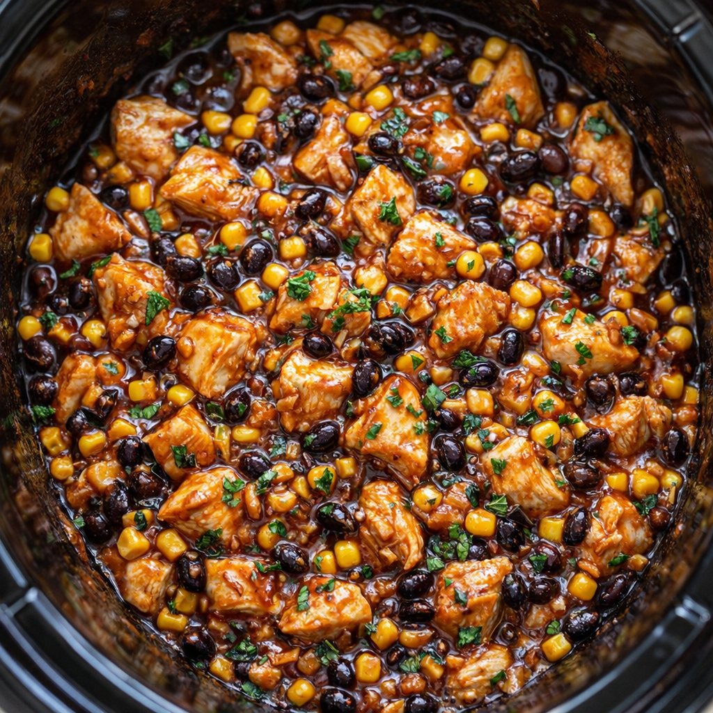 Barbecue chicken with corn and beans in the slow cooker