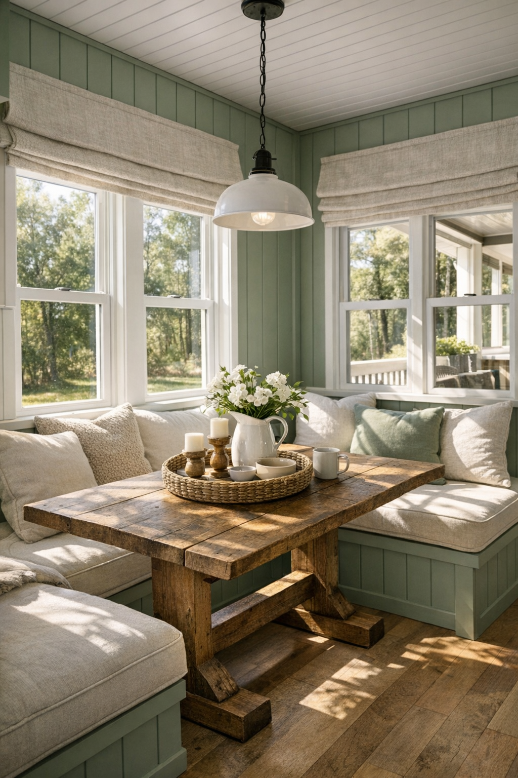 Charming cottage dining nook with banquette seating and rustic wood table