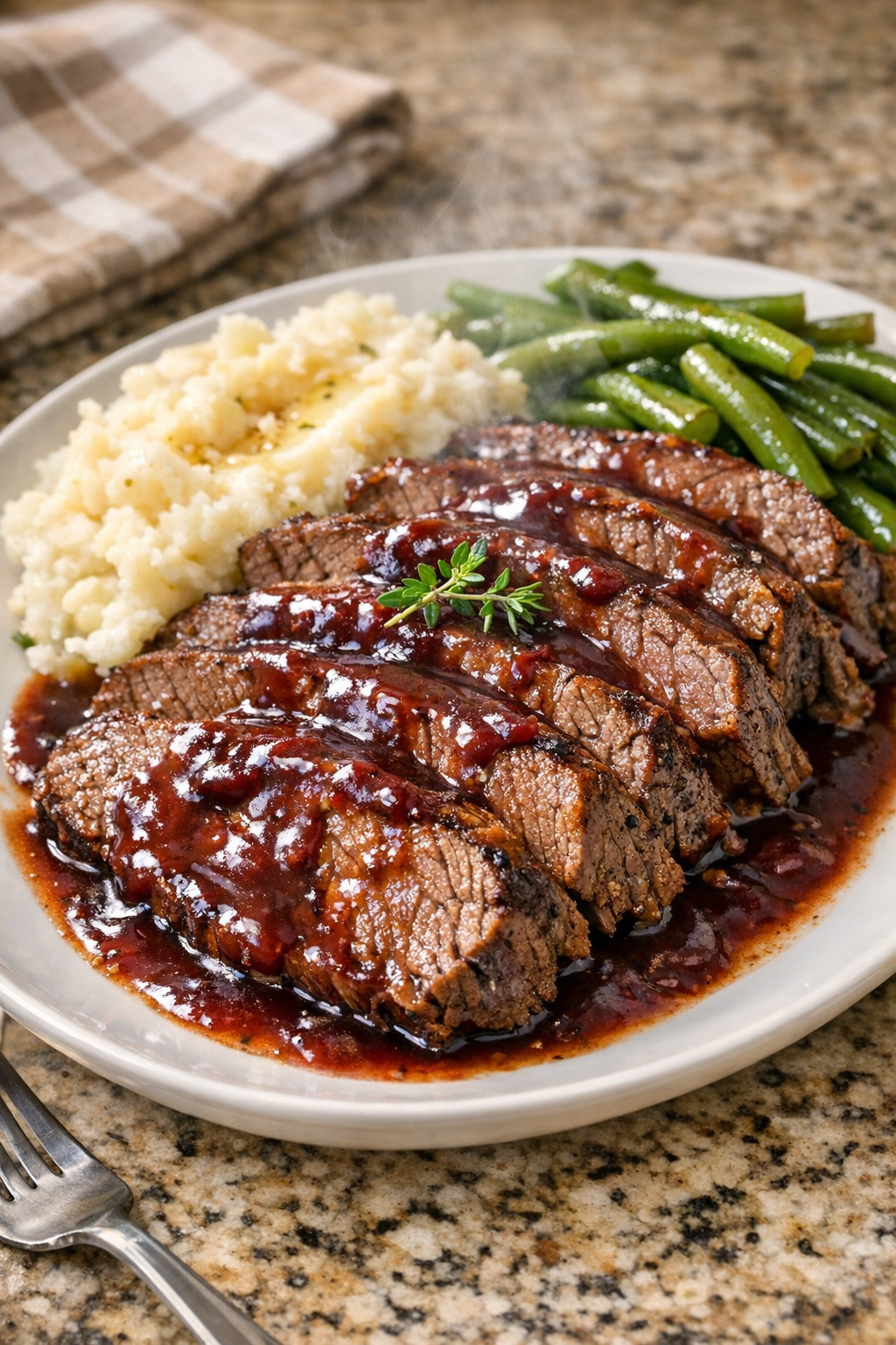 Finished sliced rump roast with rich burgundy sauce in a slow cooker