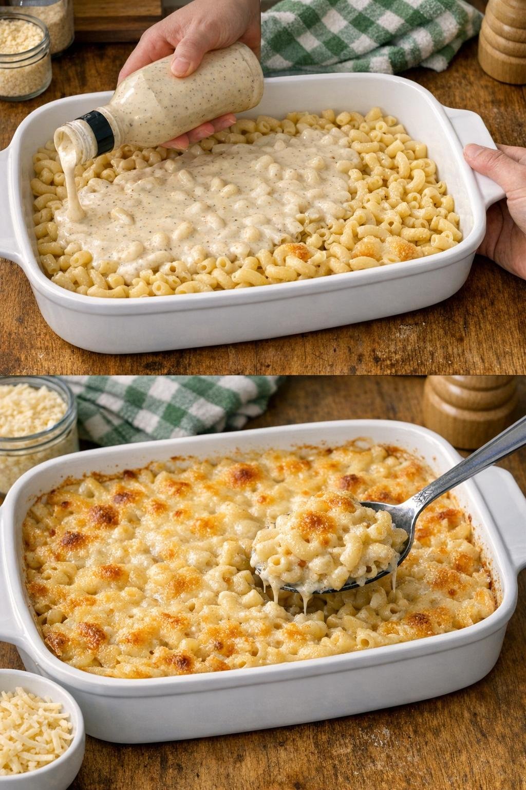 Finished baked creamy Italian macaroni in a casserole dish