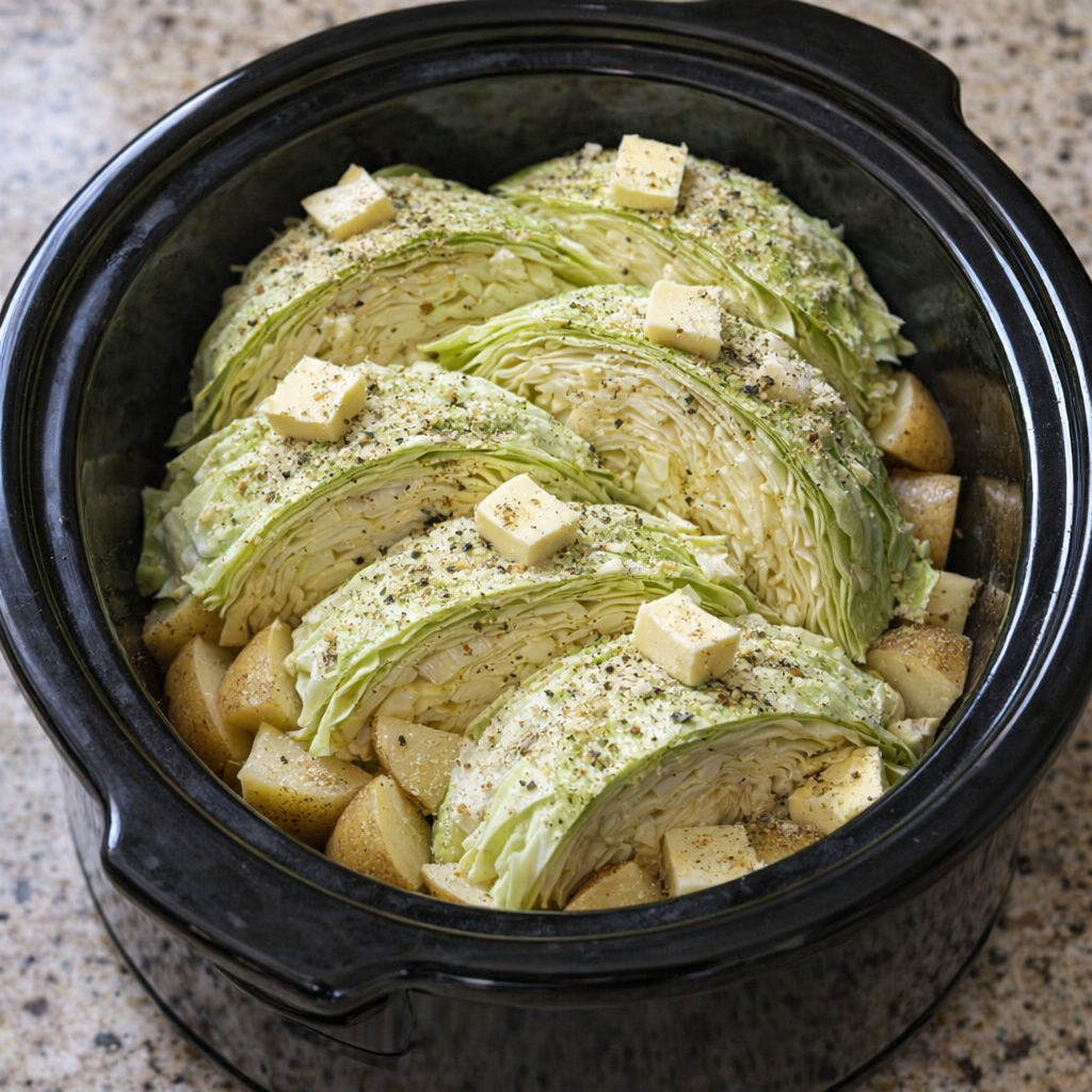 Slow cooker filled with cabbage wedges and potatoes before cooking