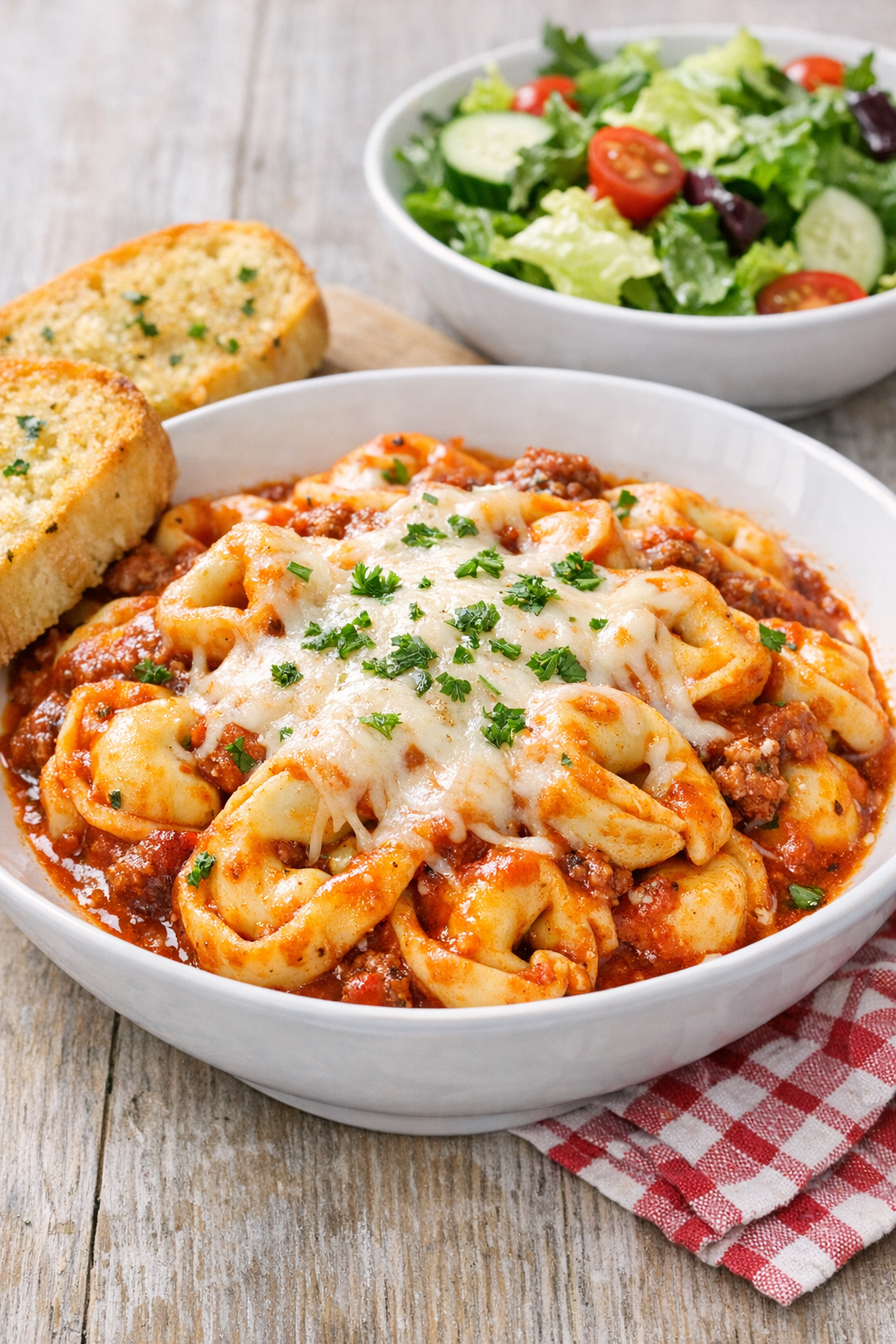 Plated cheese tortellini with melted mozzarella
