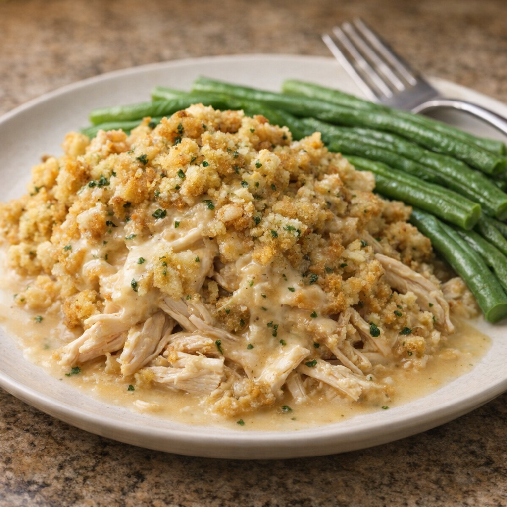 Finished chicken and stuffing plated with green beans