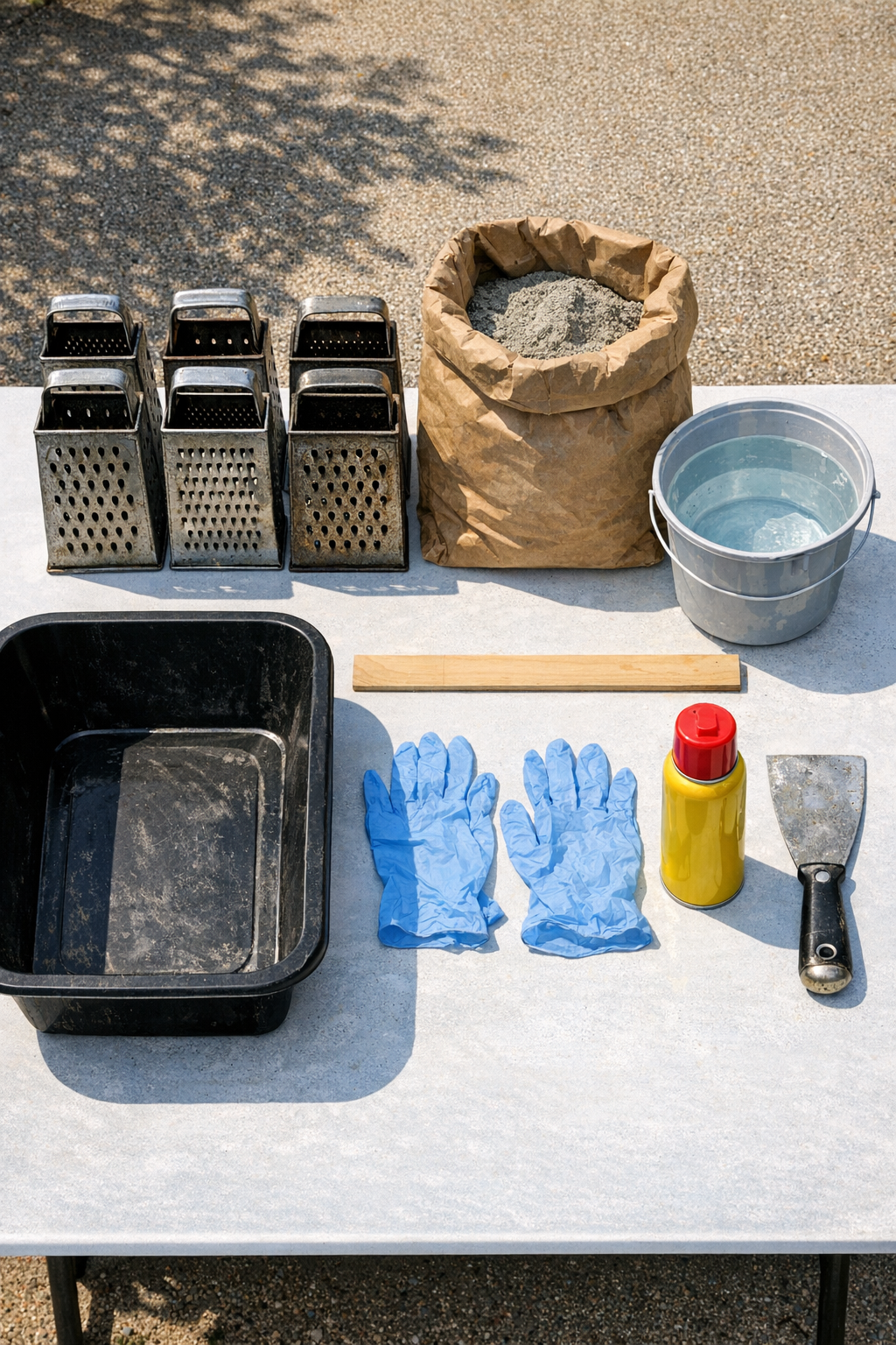 Materials for making cement garden pieces with metal cheese graters