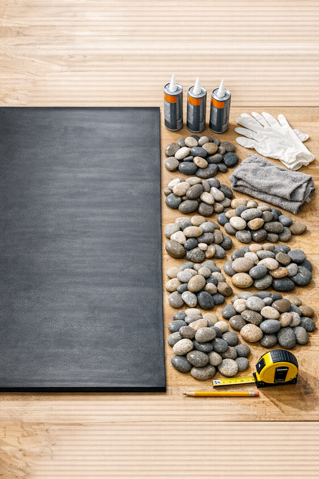 River rocks, rubber mat, and adhesive laid out for the project