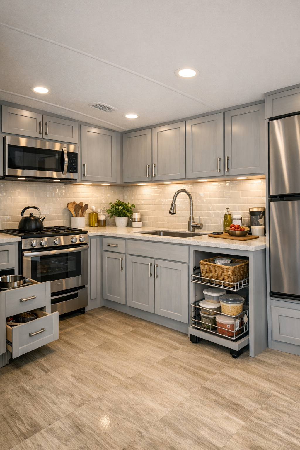 Accessible RV kitchen with light cabinetry and quartz-look counters