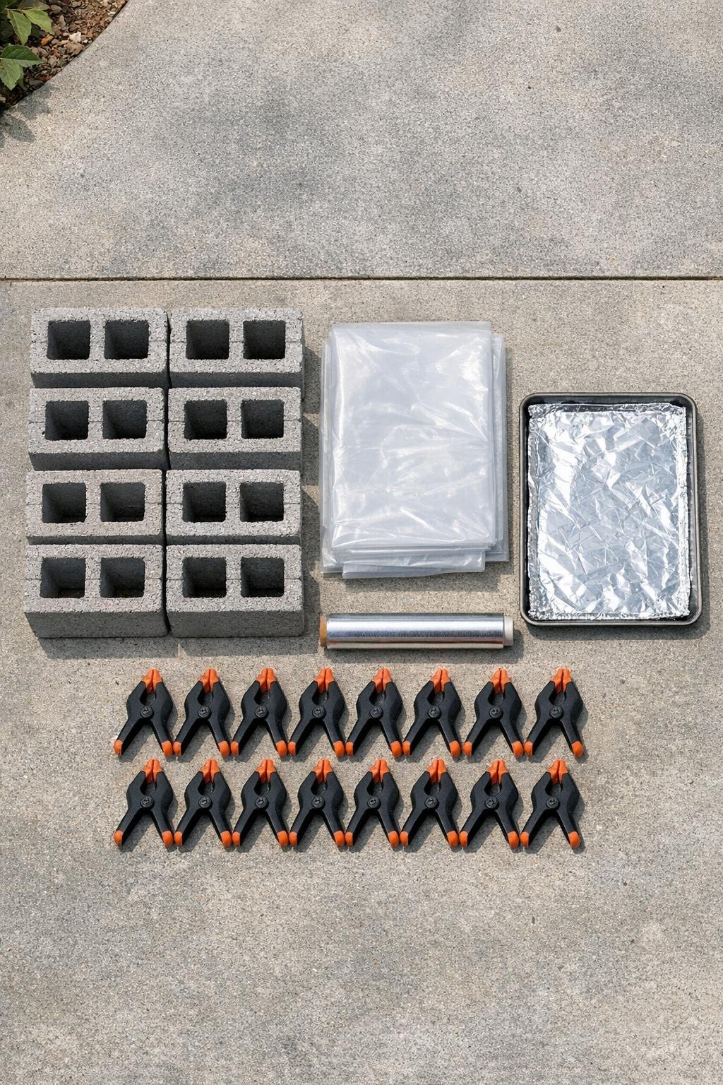 Cinder blocks, clear plastic sheeting, foil-lined baking sheet, and basic setup materials laid out together