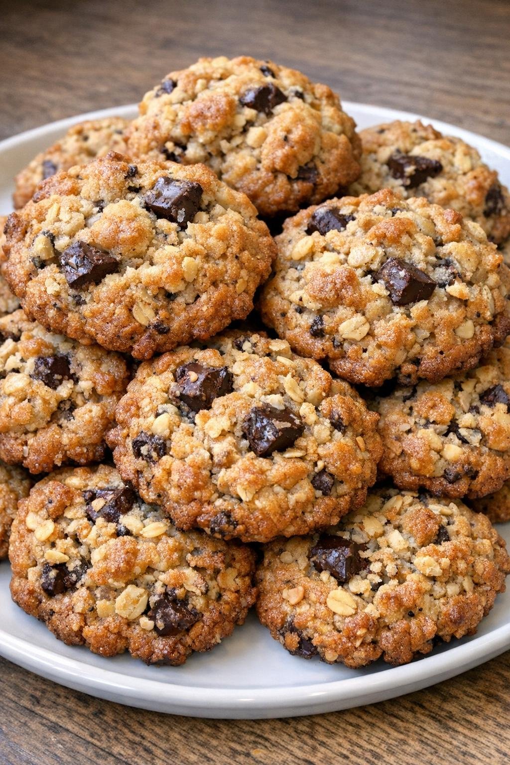 Golden-brown craggy cookies stacked on a white plate