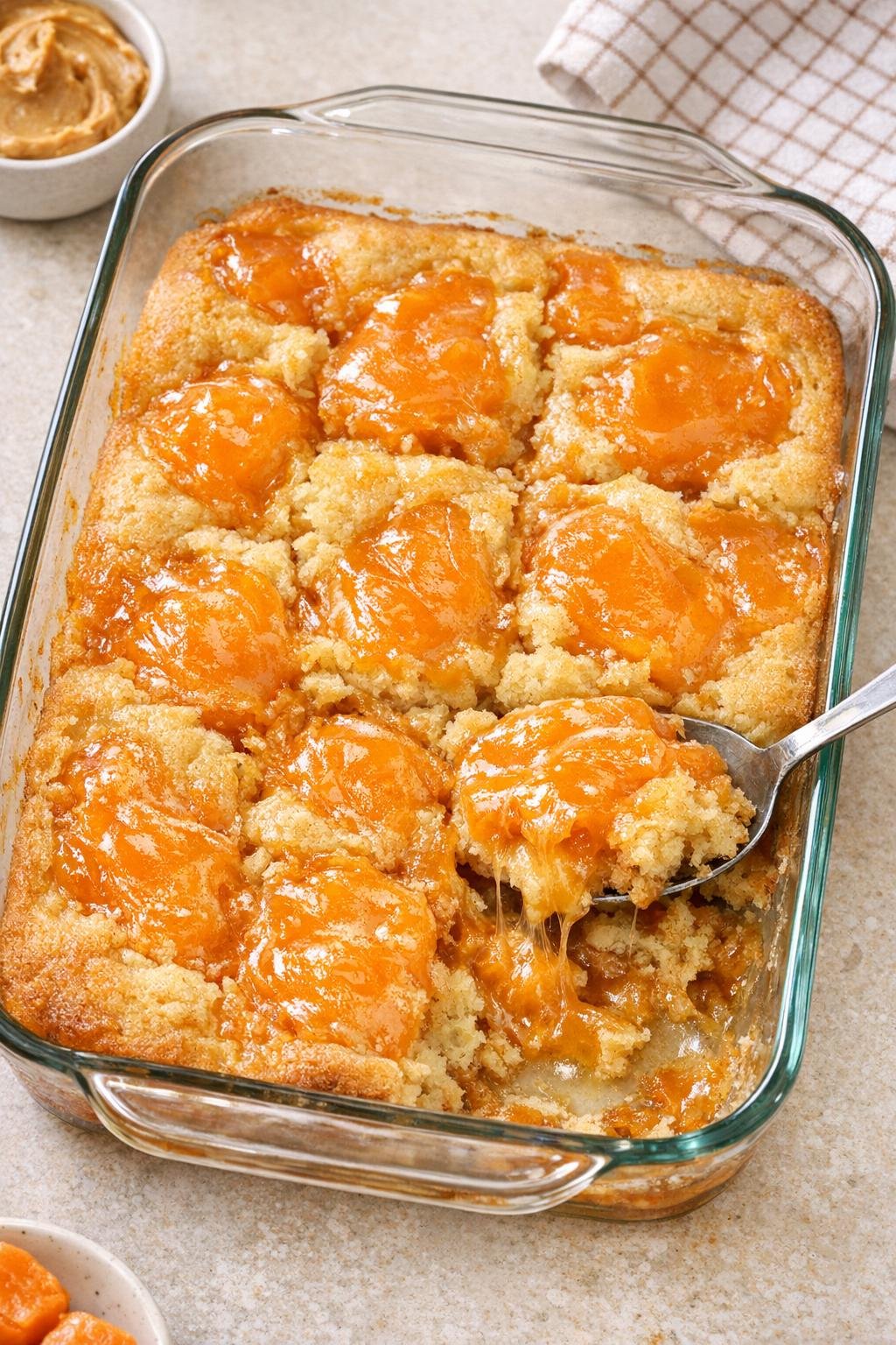 Finished baked orange peanut butter taffy dessert in a glass baking dish