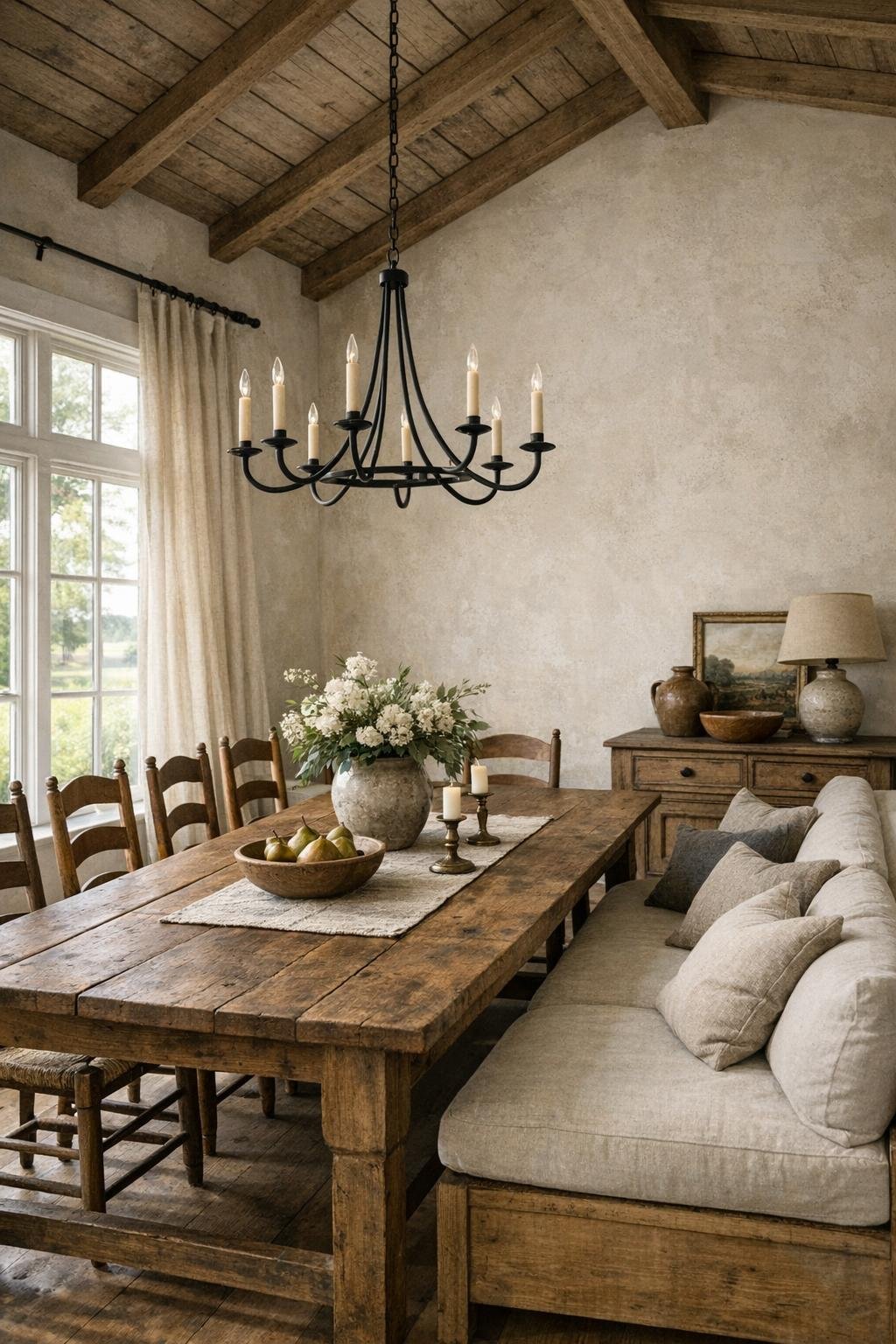 Dining room with a long farmhouse table, mixed seating, and a simple iron chandelier