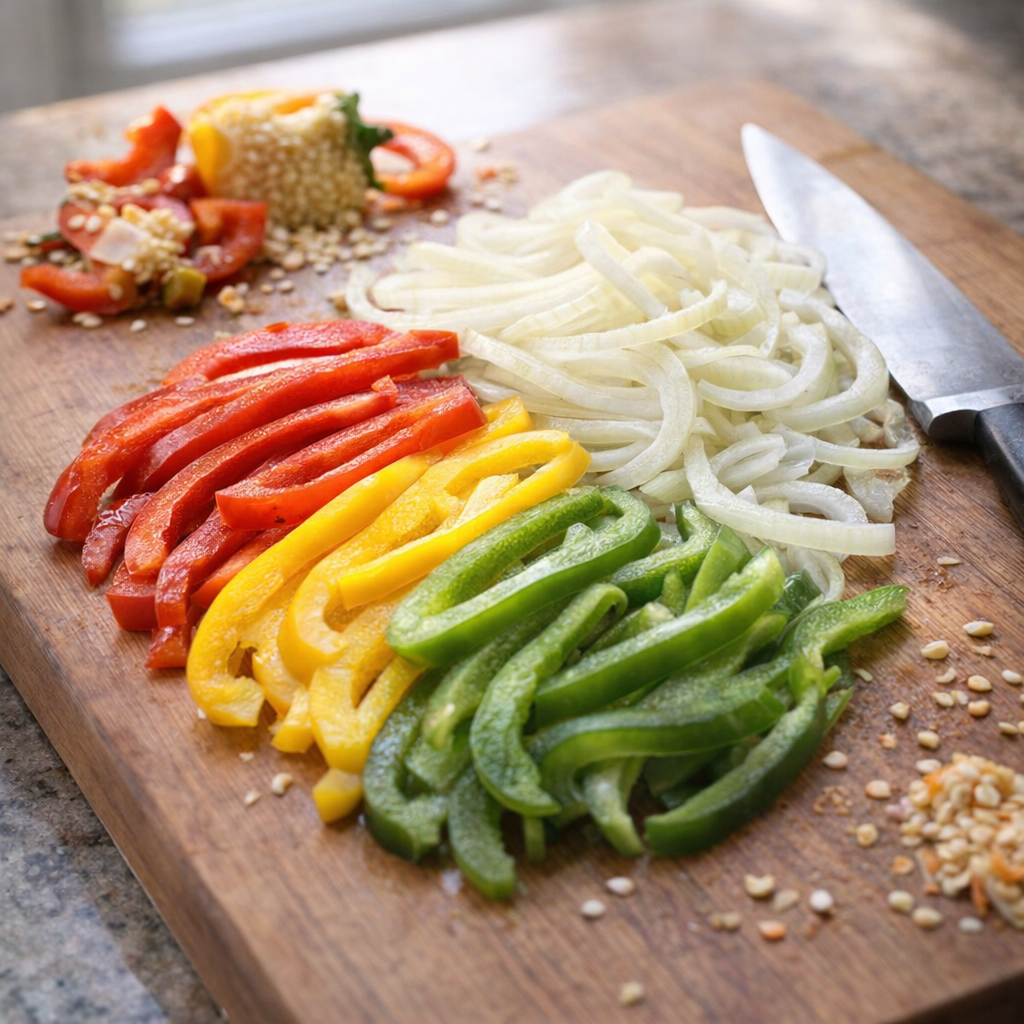 Sliced bell peppers and onion on a cutting board