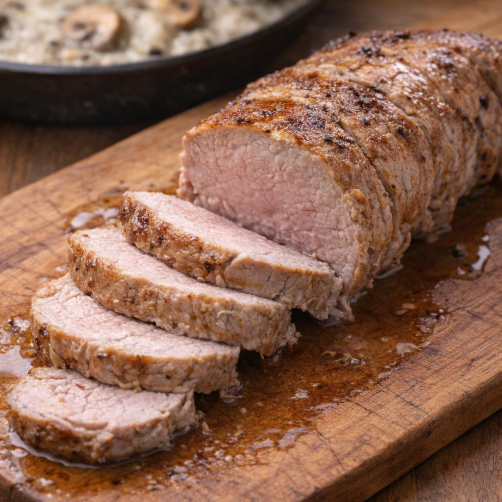 Cooked pork tenderloin sliced on a cutting board