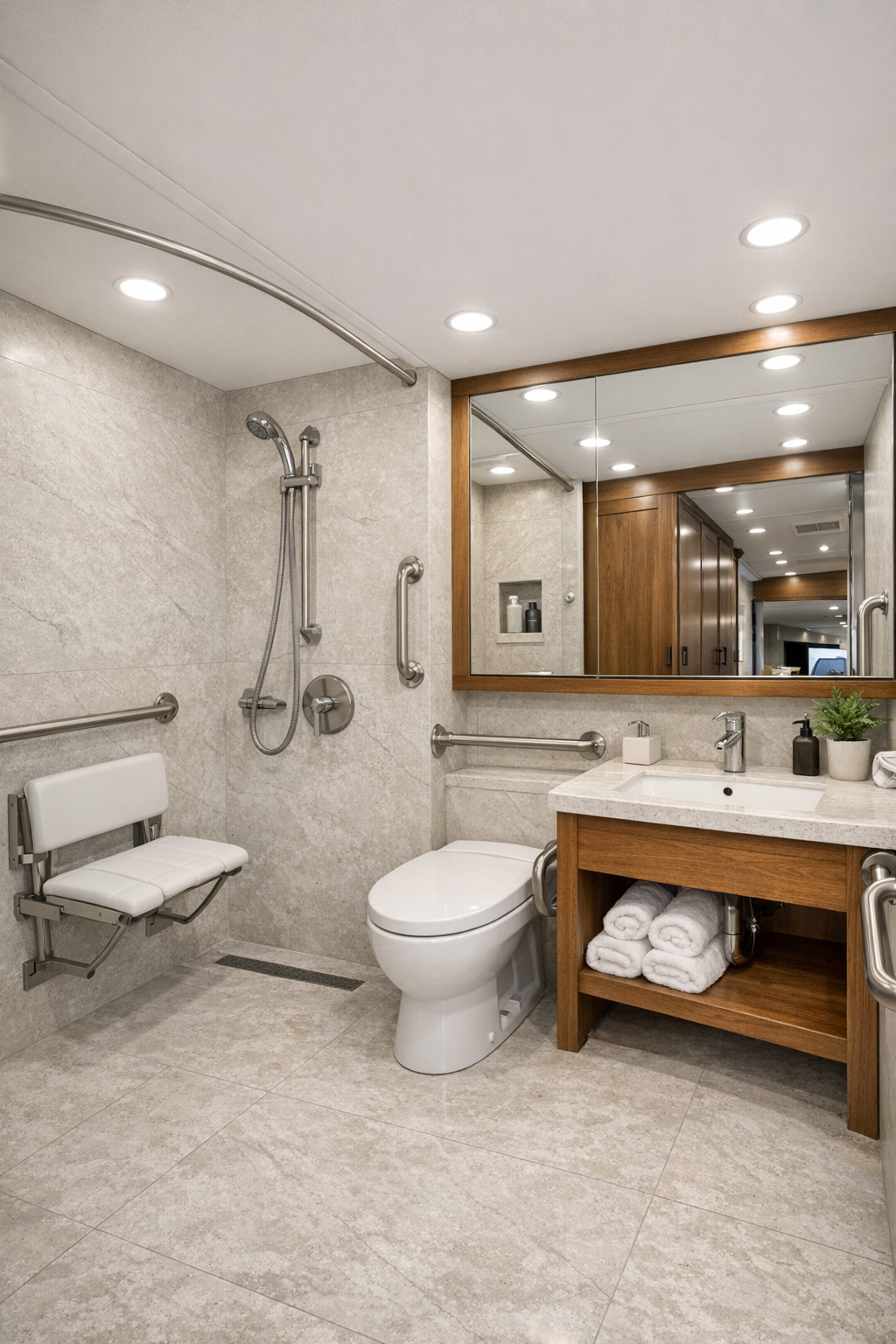 Accessible RV bathroom with curbless shower, pale finishes, and warm wood vanity