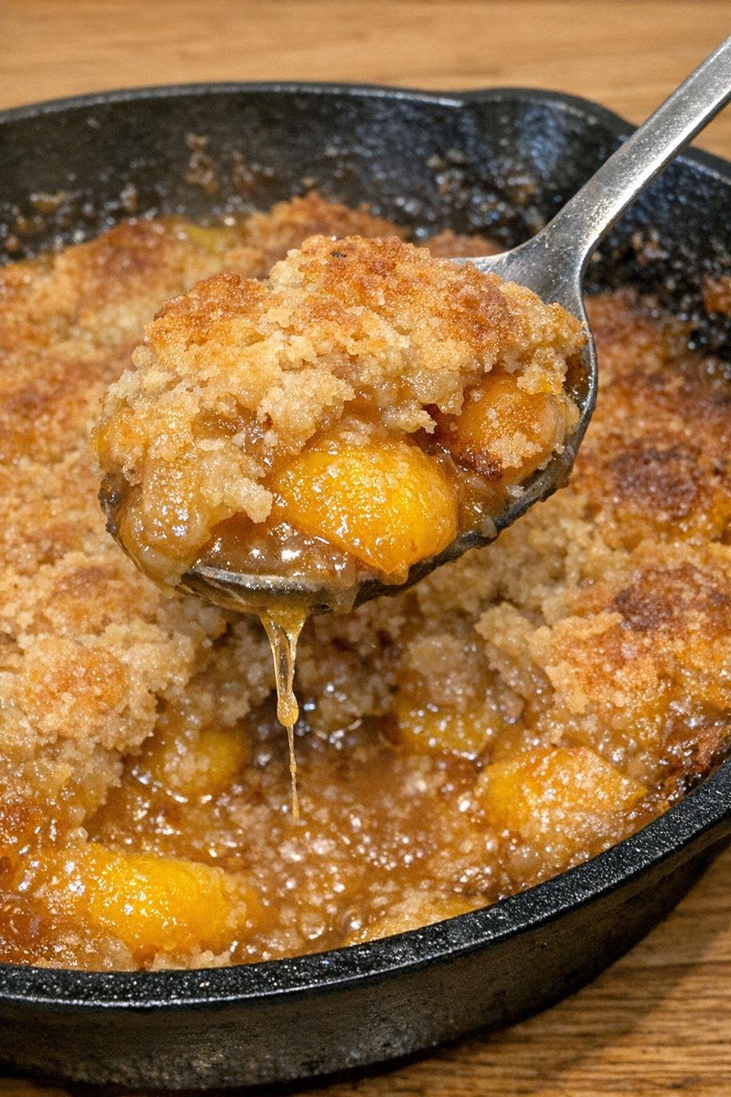 Golden bubbling peaches with a crispy buttery crust in a cast iron skillet