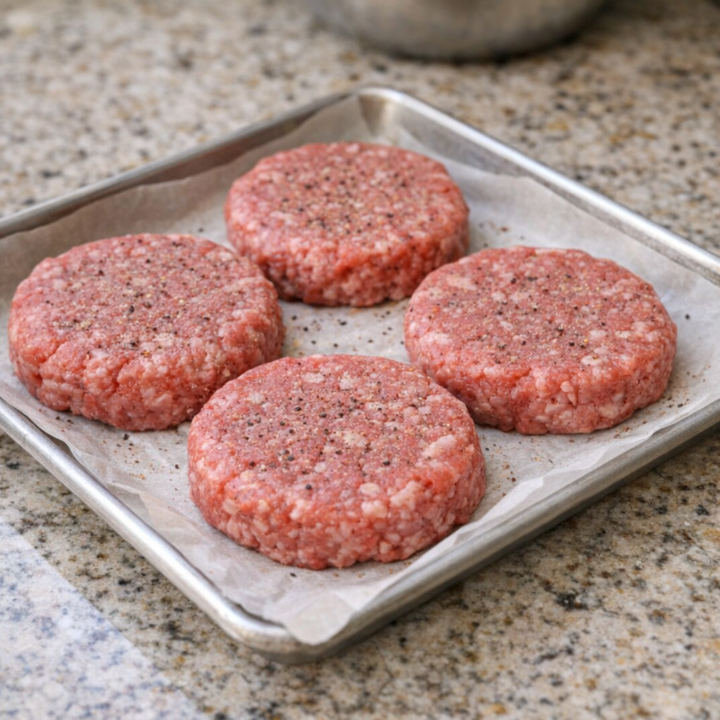 Ground beef patties shaped on a tray before cooking