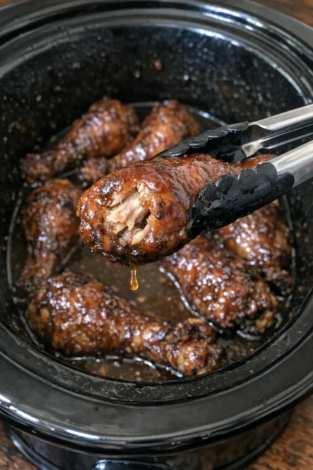 Tender glossy brown chicken drumsticks in a slow cooker