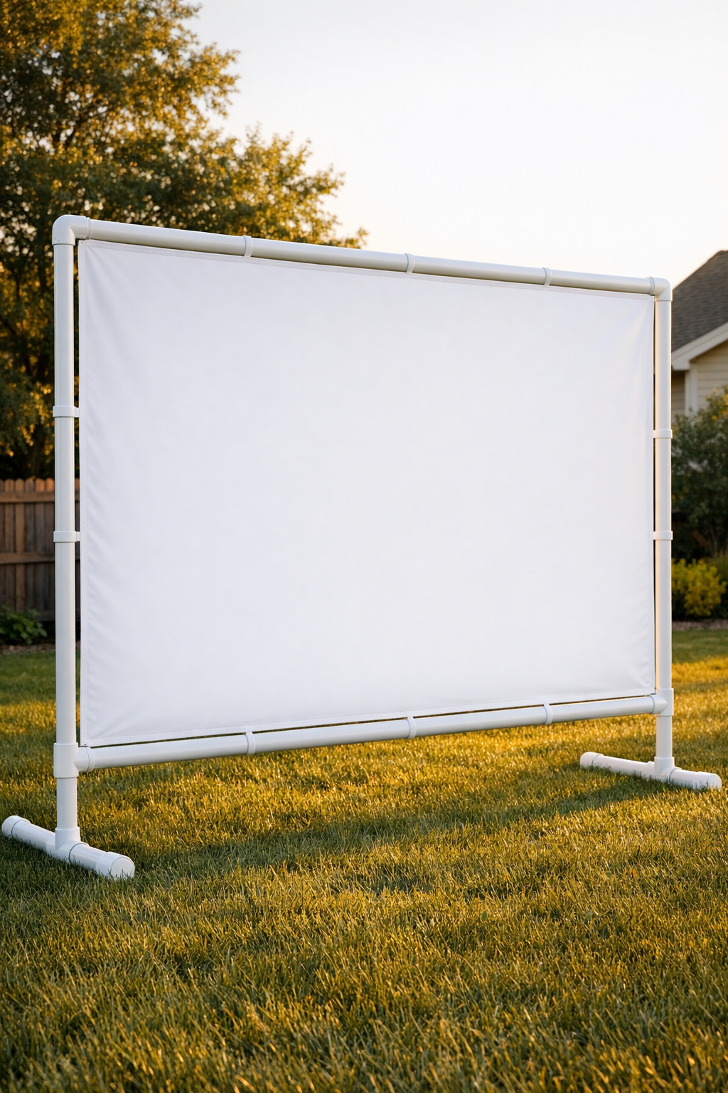 Completed DIY outdoor movie screen in a backyard