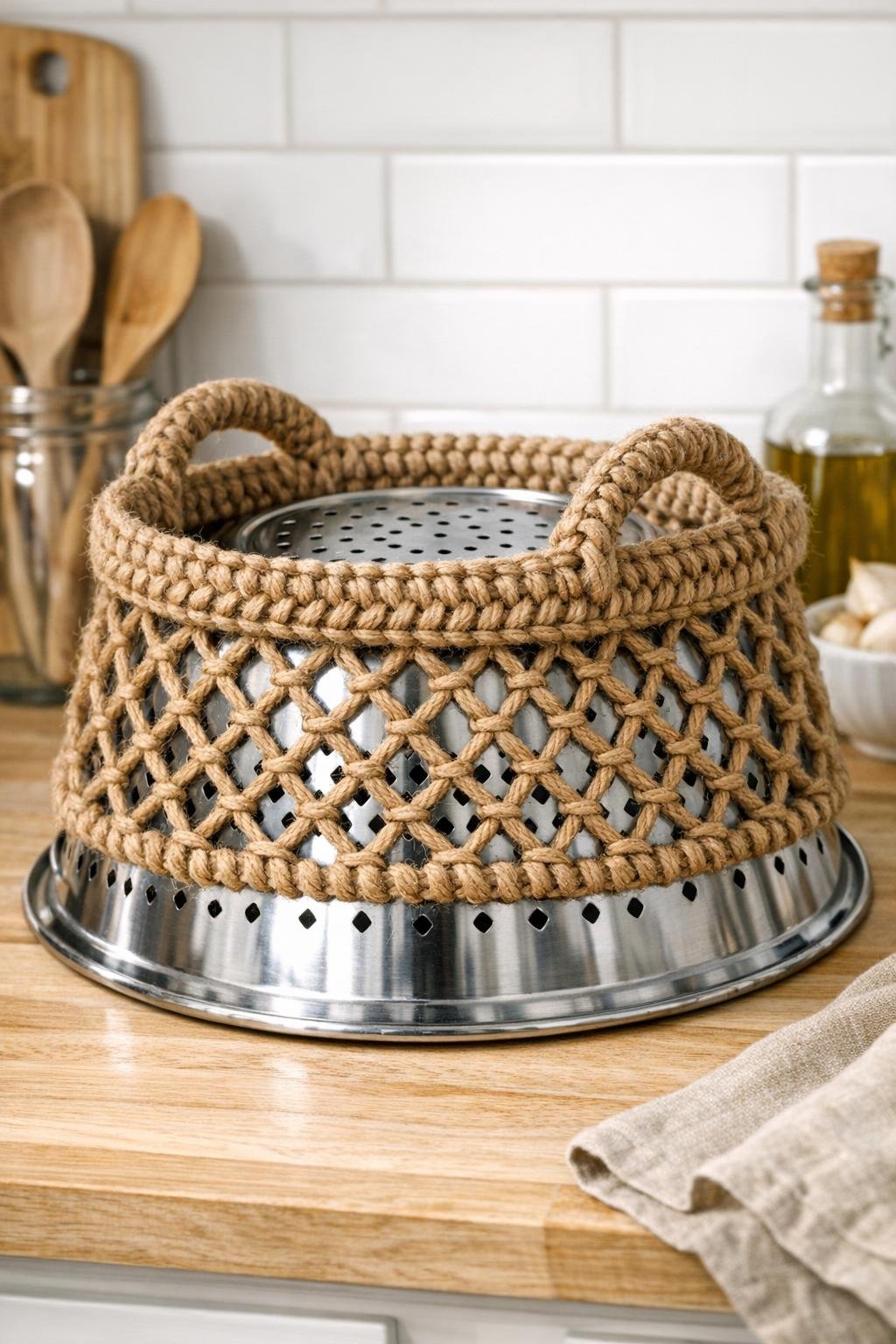 Finished crochet jute storage tote made from a flipped metal strainer
