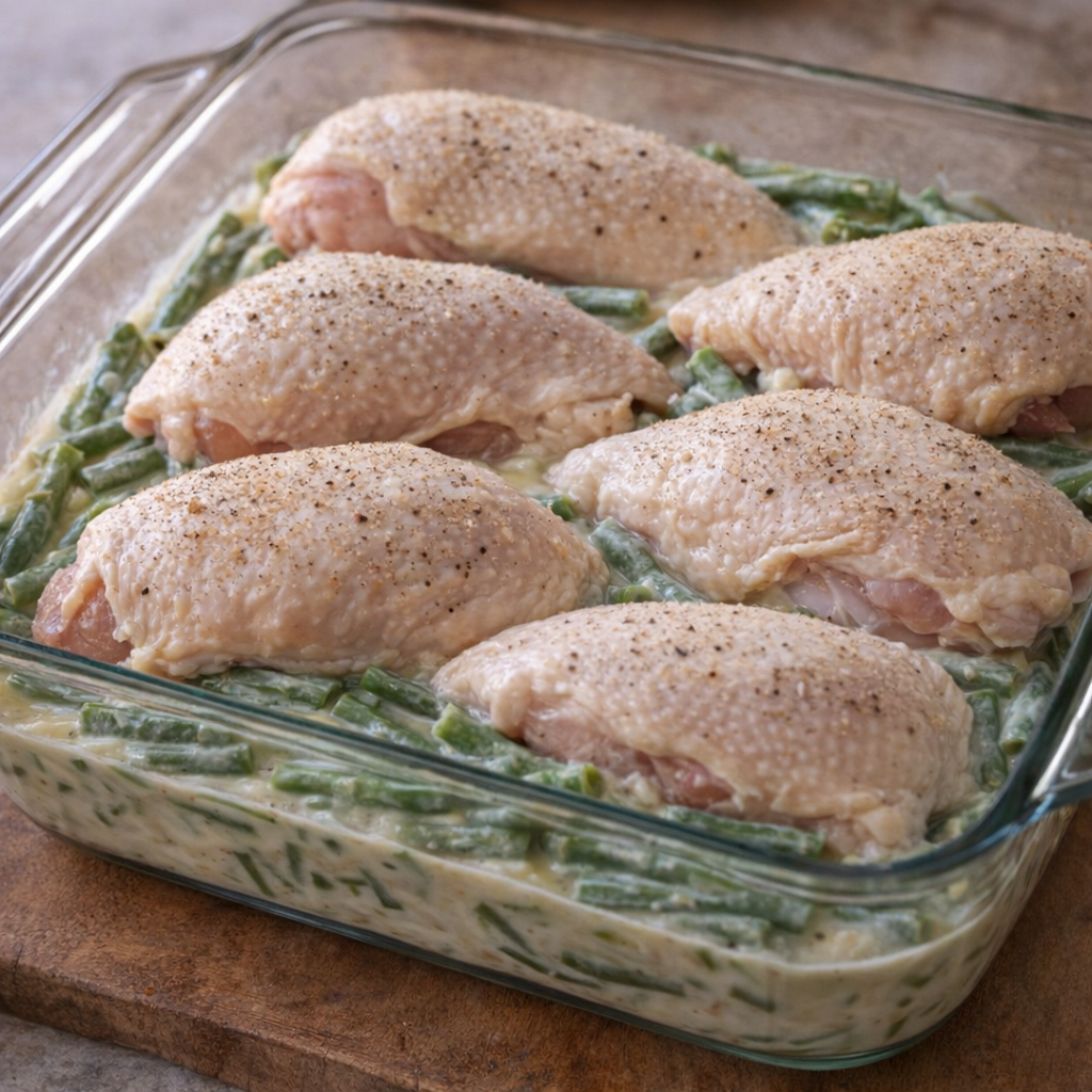 Chicken arranged over green beans in glass baking dish
