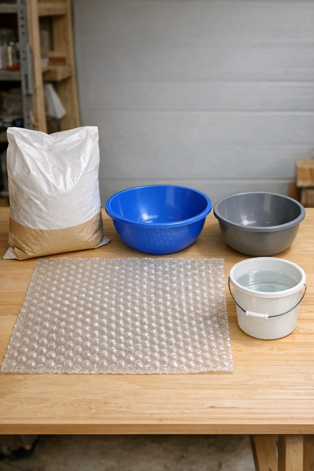 Materials for making cement honeycomb yard basins laid out on a table