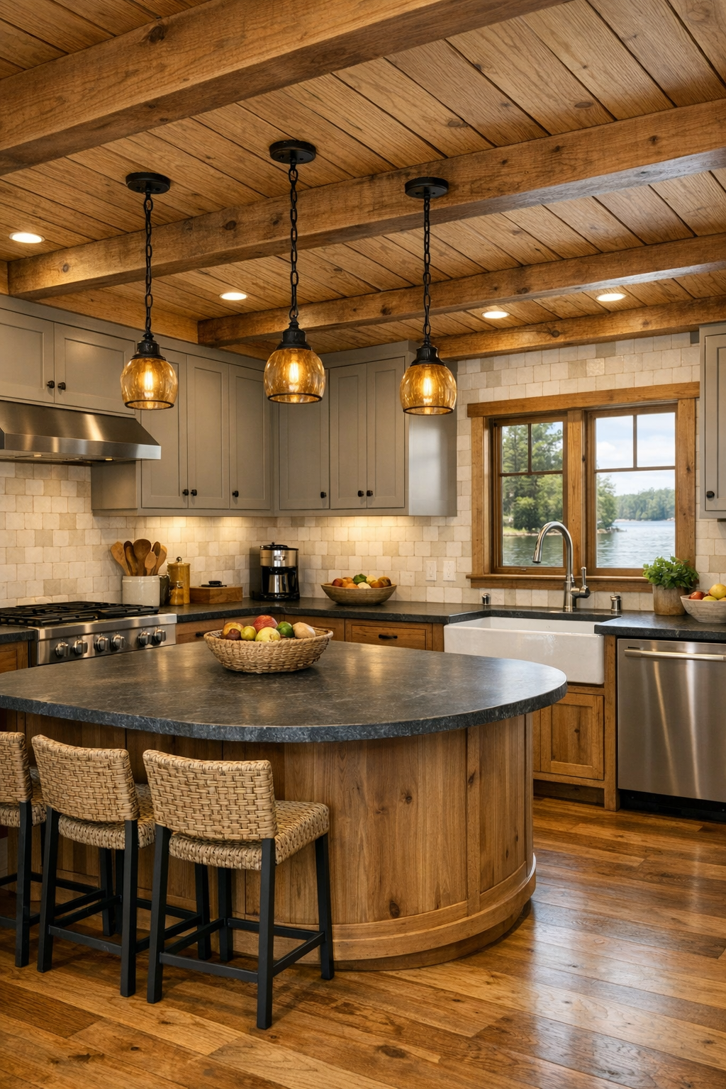 Accessible lodge kitchen with mushroom shaker cabinets, soapstone counters, and a large island
