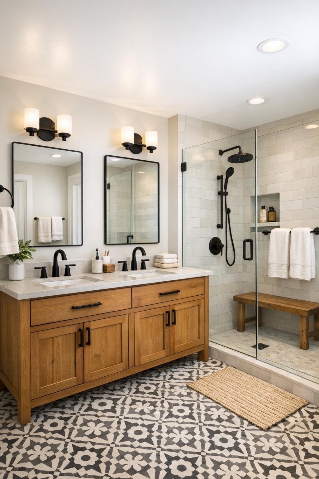 Fresh bathroom with a wood vanity, black fixtures, a tiled walk-in shower, and soft layered textures