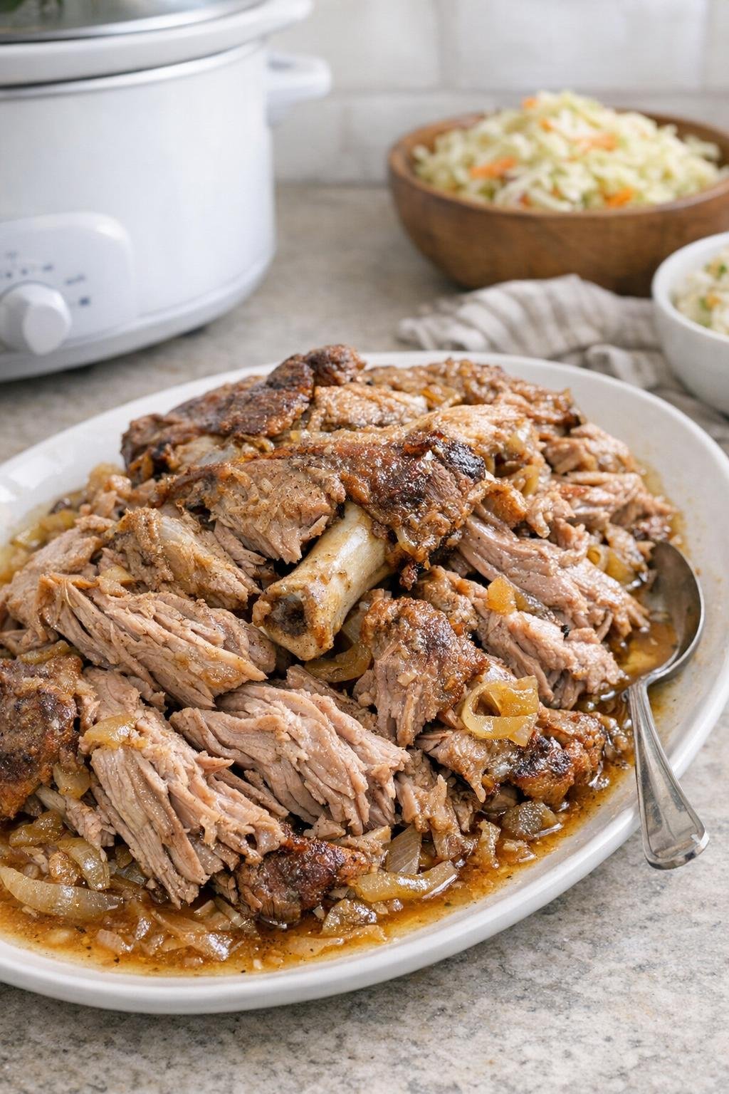 Finished fall-apart bone-in pork shoulder on a serving platter