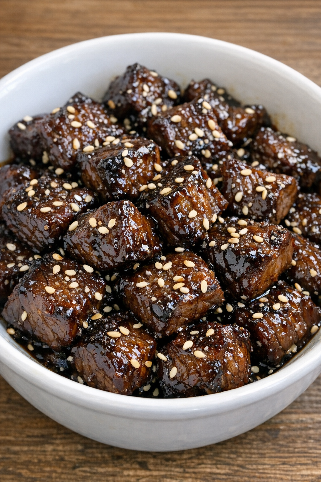 Oven baked 3-ingredient beef teriyaki bites in a white serving bowl