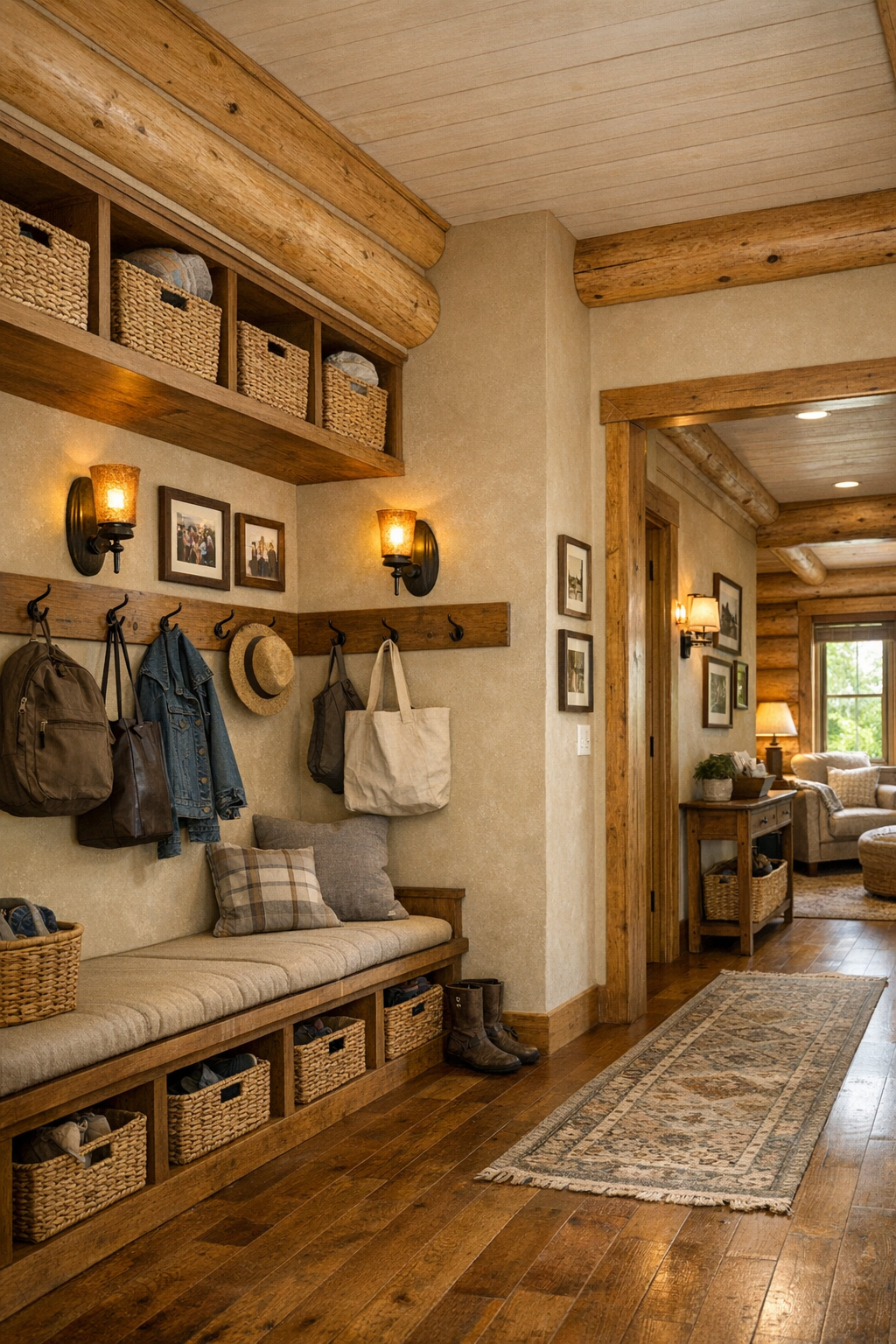 Thoughtful mudroom and hallway area with built-in bench and warm rustic details