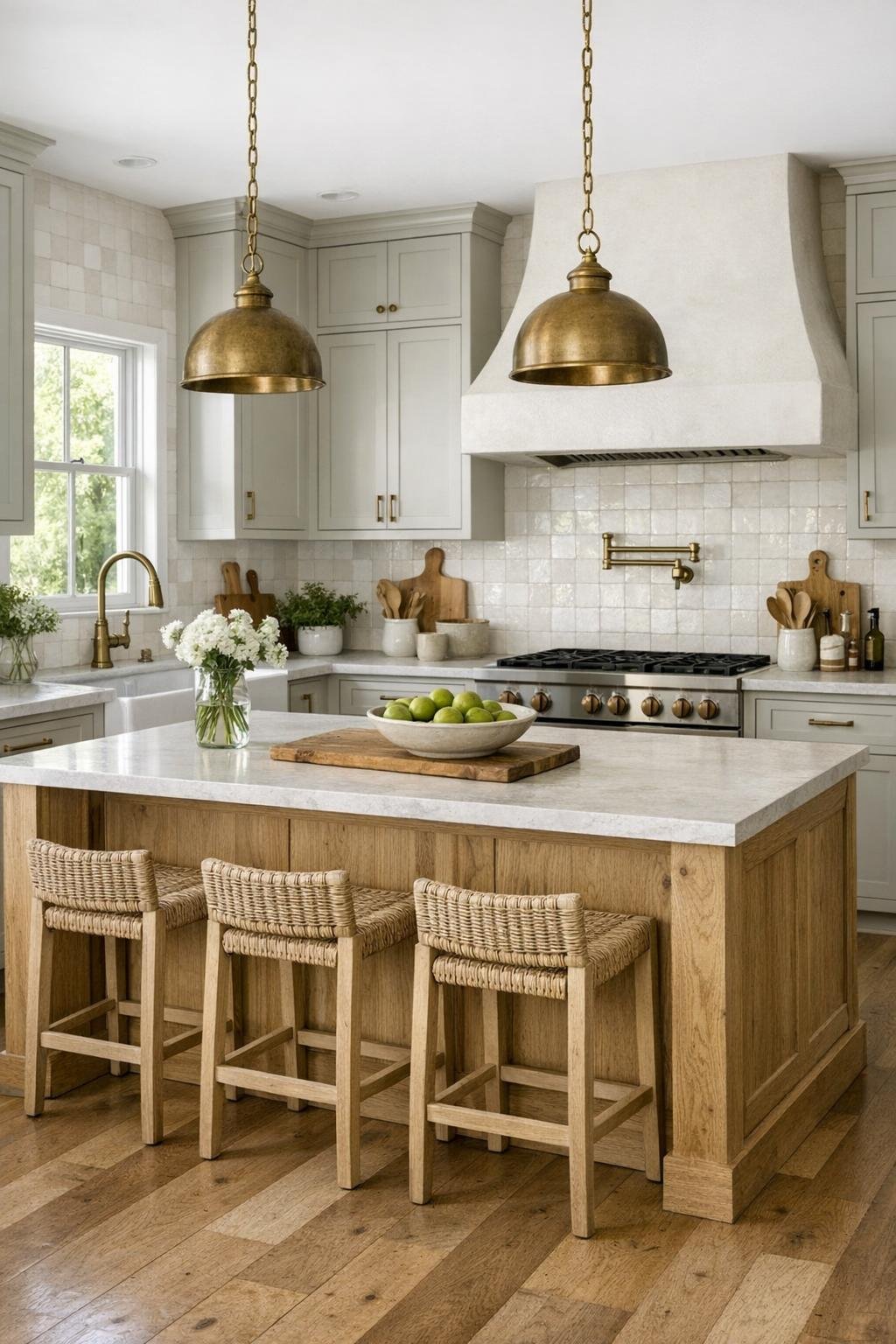 Inviting farmhouse kitchen with putty cabinetry, a white oak island, pale stone counters, and aged brass accents