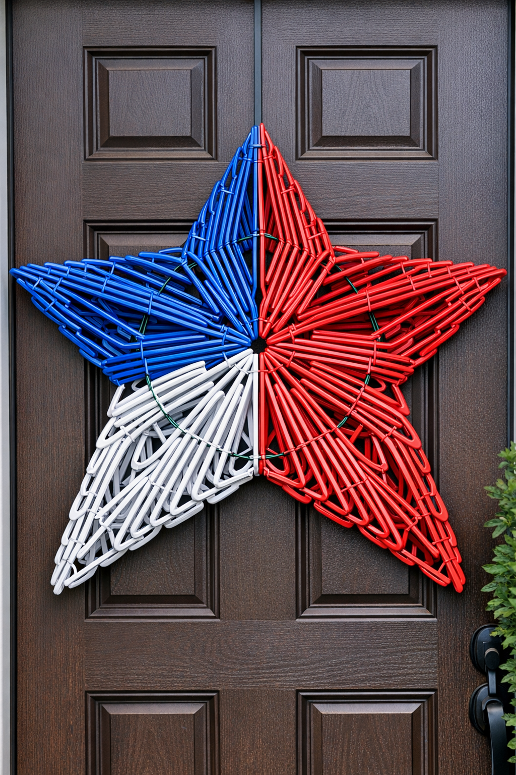 Finished giant patriotic star front door hanger made from red and blue plastic hangers