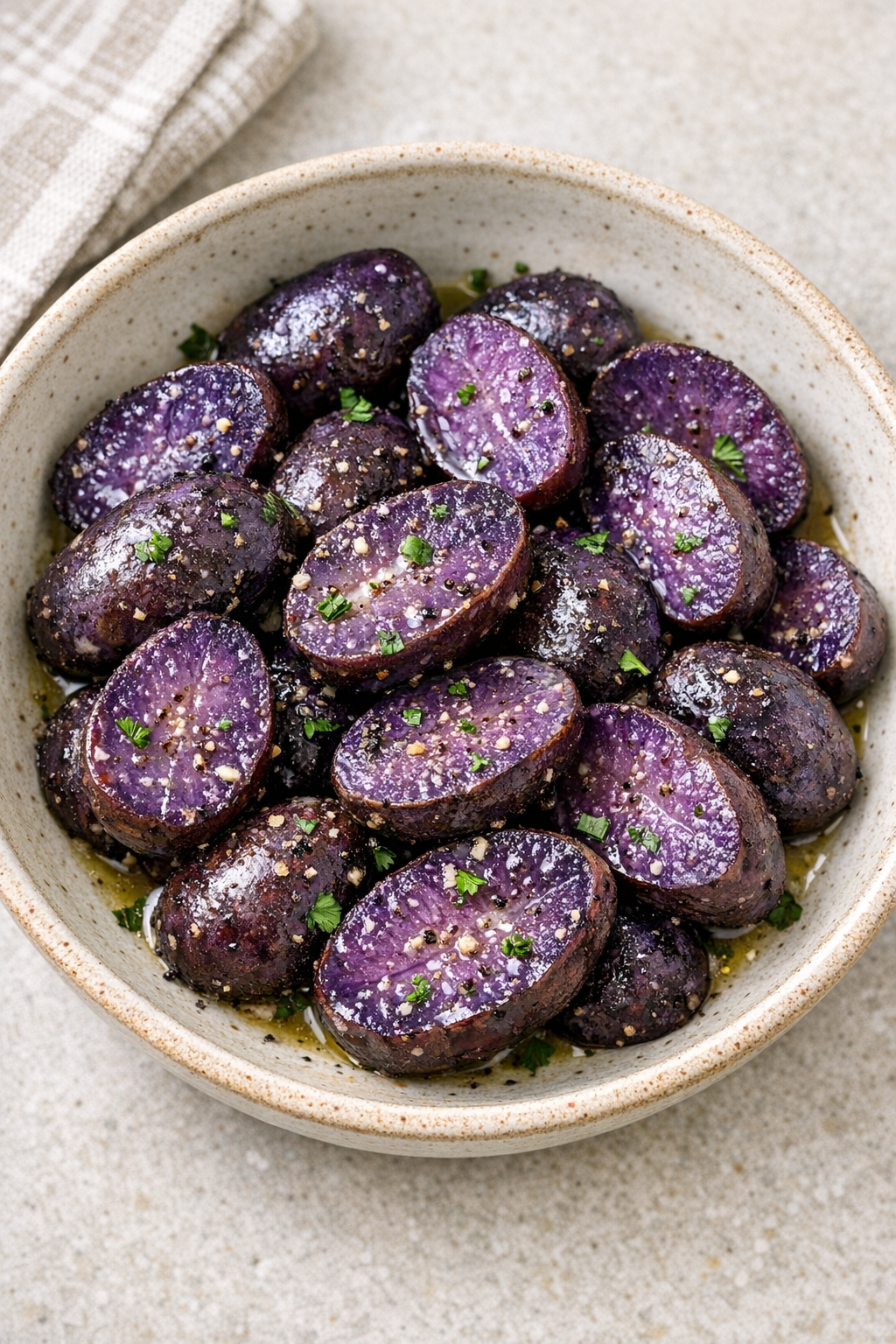 Finished slow cooker purple potatoes in a serving bowl