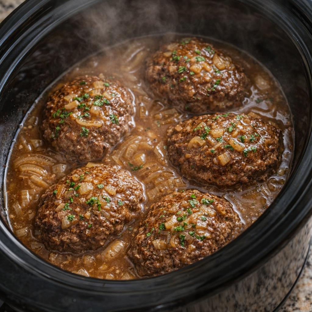 Cooked hamburger steaks in onion gravy inside slow cooker