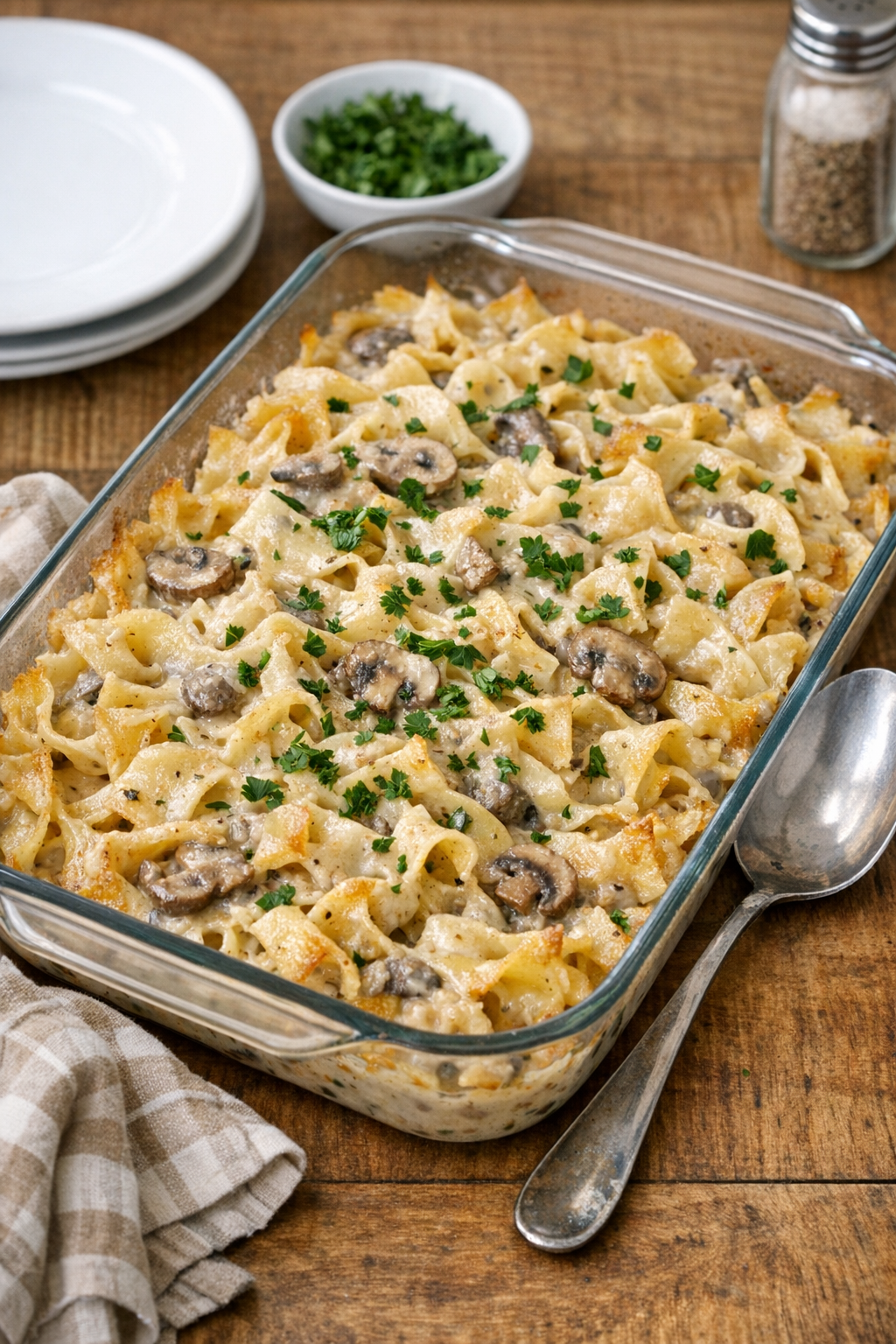 Finished creamy mushroom noodles baked until tender in a casserole dish