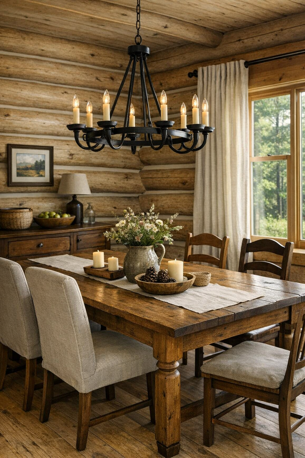 Warm rustic dining room with wood table and black iron chandelier