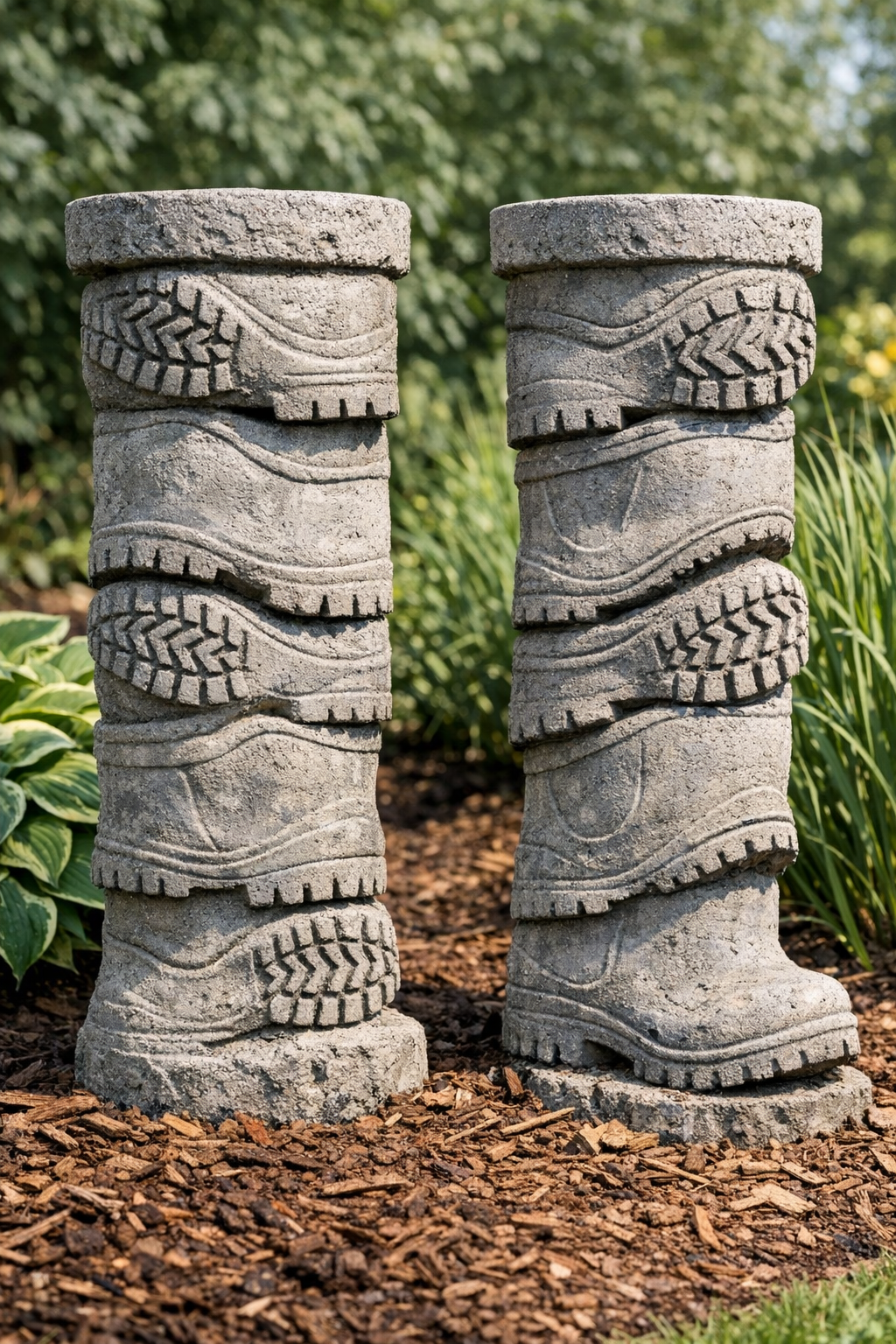 Finished heavy textured yard columns made from rubber rain boots and cement