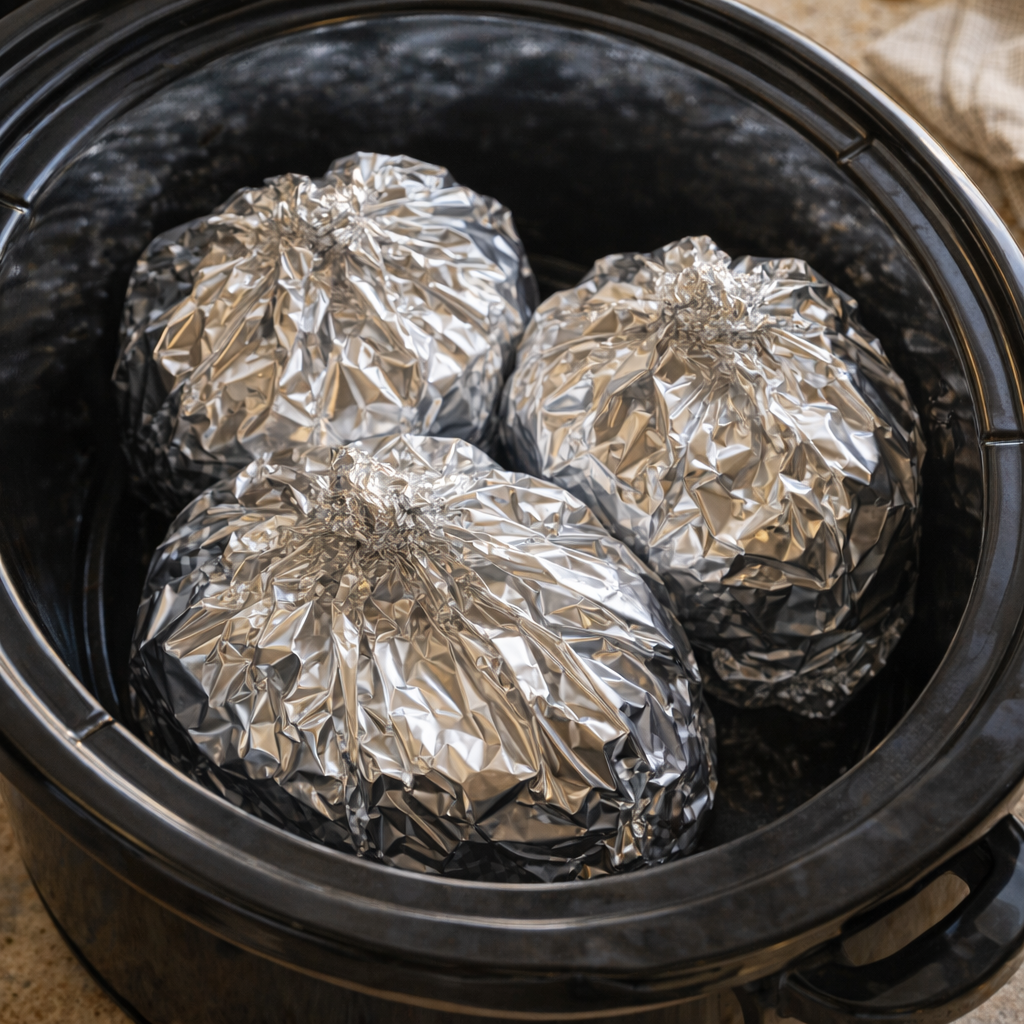 Foil packets tucked into a slow cooker